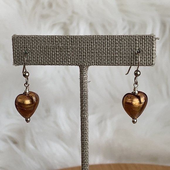 Barmakian Vintage Gold Tone Foil Murano Venetian Glass Heart Dangle Earrings Box - Picture 8 of 11